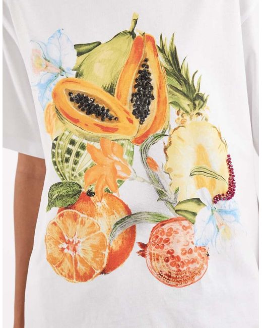 ASOS White Drop Shoulder T-shirt With Beaded Fruit Graphic