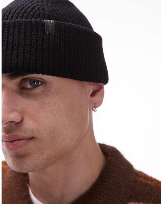 AllSaints Blue Merino Wool Fisherman Beanie for men