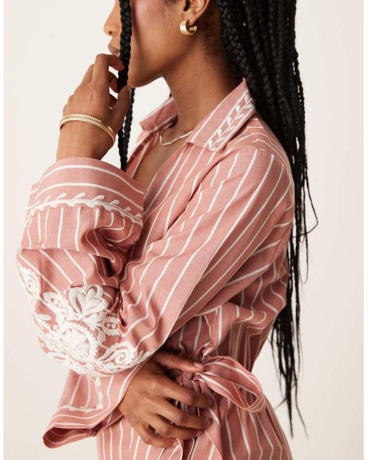 ASOS Pink Embroidered Wrap Shirt Mini Dress With Wide Cuff