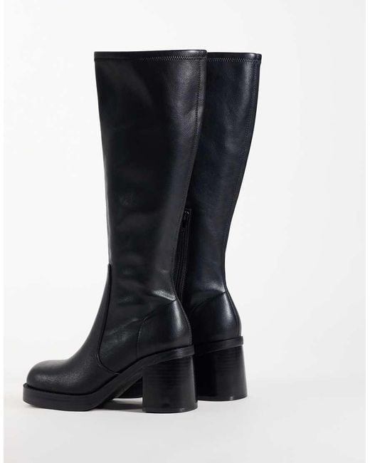 ASOS Black Charlene Block Heel Stretch Sock Knee Boots