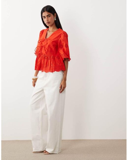 Y.A.S Red Tie Front Cotton Broderie Top