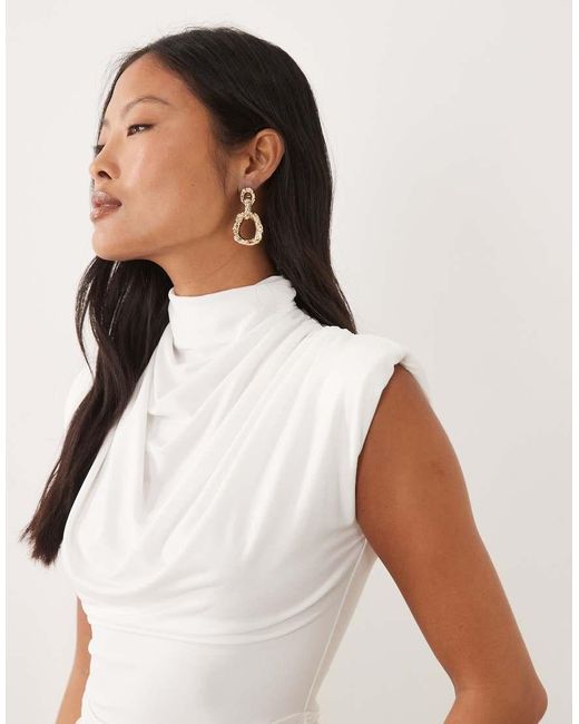 TFNC London Pink Slinky High Neck Shoulder Pad Drape Detail Midi Dress