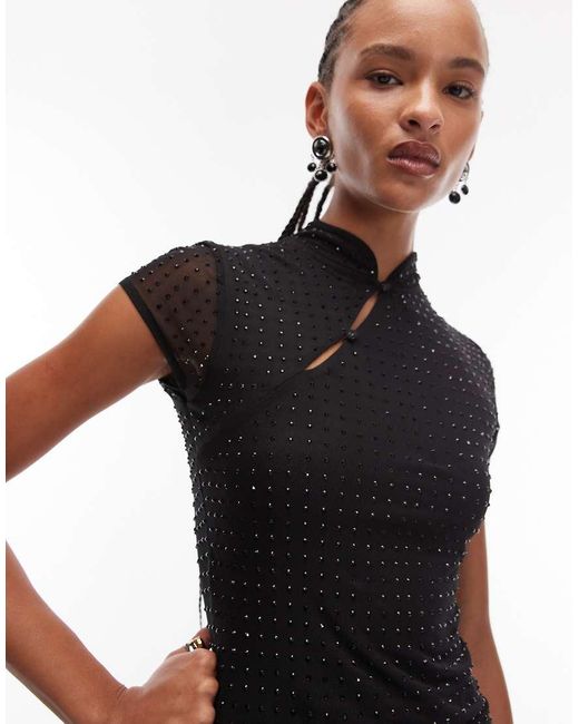 ASOS Black Hot Fix Sheer Mesh Top With Rouleau Loop Button Detail