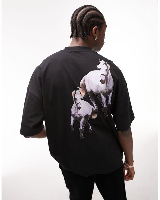 Topman Black Premium Extreme Oversized Fit T-shirt With Front And Back Horse Print for men