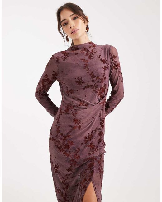 French Connection High Neck Mesh Midi Dress With Velvet Burnout in Red |  Lyst UK