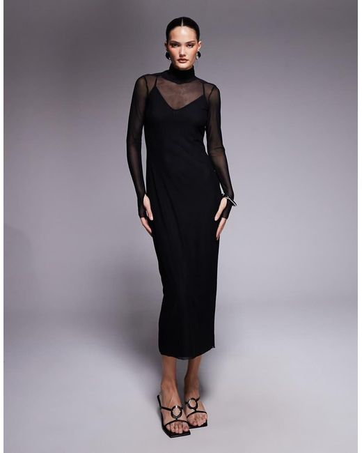 Vestido Midi Con Cuello Alto De Malla Shailene De AFRM de color Black
