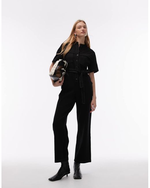 & Other Stories Black Wide Leg Stretch Jumpsuit With Tie Waist And Utility Pockets