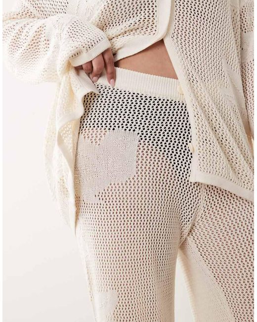 Pretty Lavish Curve Natural Open Knit Oversize Floral Trouser Co-Ord