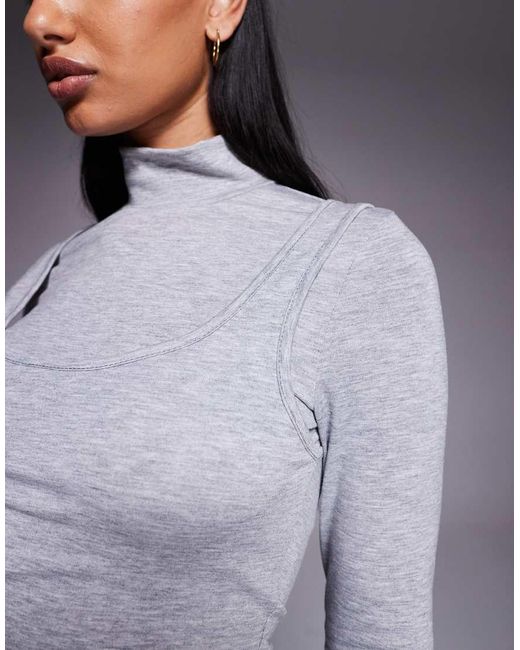 ASOS Gray Long Sleeve Double Layer Hanky Hem Midi Dress