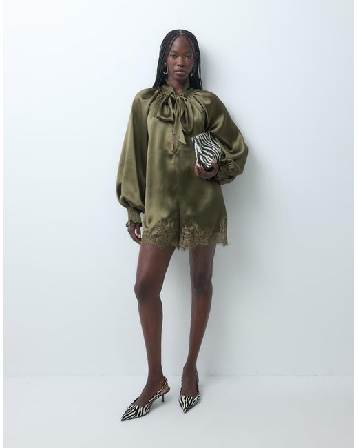 ASOS Brown Tie Neck Satin Playsuit With Lace Hem Detail