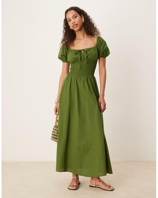 esmé studios Green Esmee Exclusive Puff Sleeve Tie Front Maxi Beach Dress