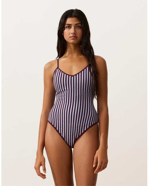 Oysho Purple Bicolour Textured Stripe Swimsuit