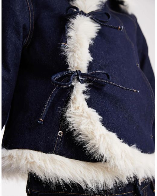 Daisy Street Blue Asymmetric Denim Jacket With Fur Trims And Tie Detail Fastening