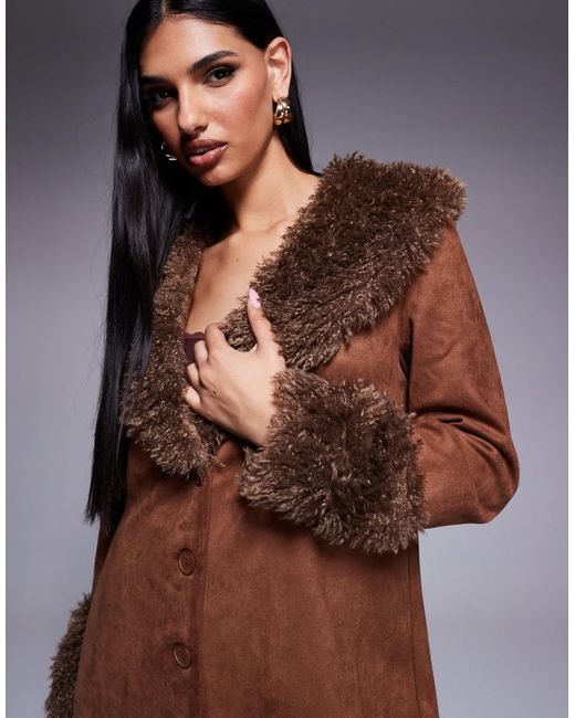 Princess Polly Natural Faux Shearling Oversized Collar And Cuffs Penny Lane Coat