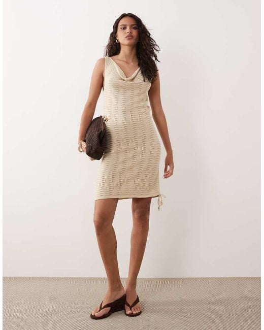 Miss Selfridge Natural Textured Glitter Knit Ruched Cowl Neck Mini Dress