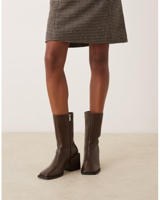 Glamorous Brown Block Heel Square Toe Boots