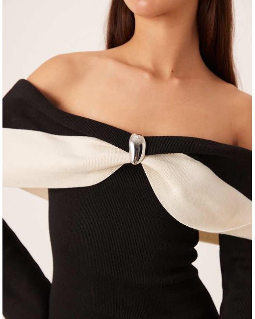 Pretty Lavish Natural Rib Knit Off The Shoulder Contrast Bow Midaxi Dress