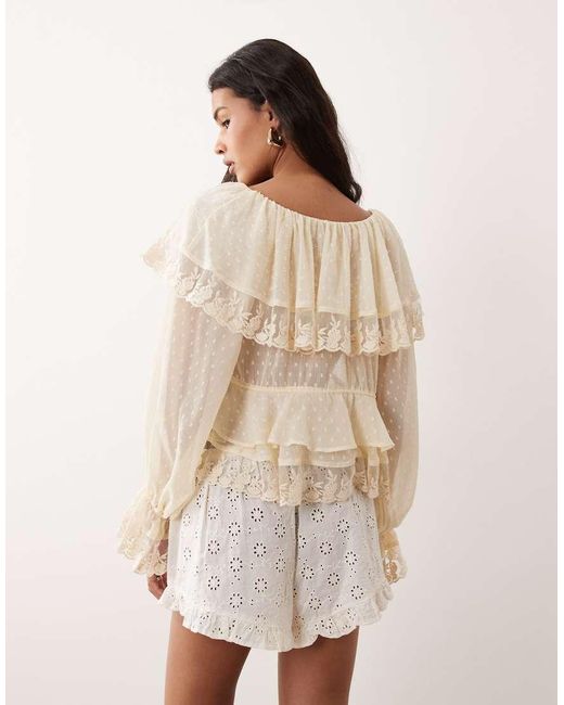 Miss Selfridge Natural Chiffon And Lace Tie Front Top