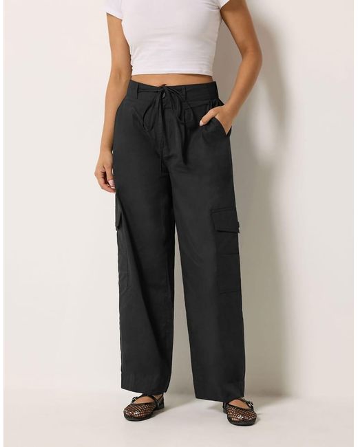 PixieGirl Black Petite Cotton Cargo Barrel Leg Trousers