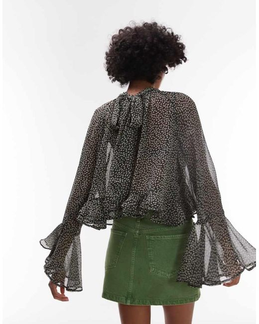 Mango Black Flute Sleeve Printed Blouse