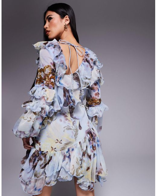ASOS Blue Organza And Chiffon Printed Asymmetrical Mini Dress With Embellishment