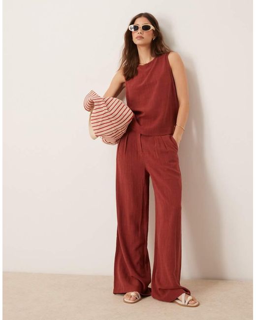 Pantalones Rojo Arcilla De Pernera Ancha Con Pinzas Delanteras De Lino De (Parte De Un Conjunto) ASOS de color Red