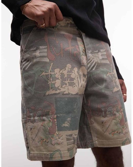 Element Black Graffiti Printed Carpenter Skater Denim Shorts for men