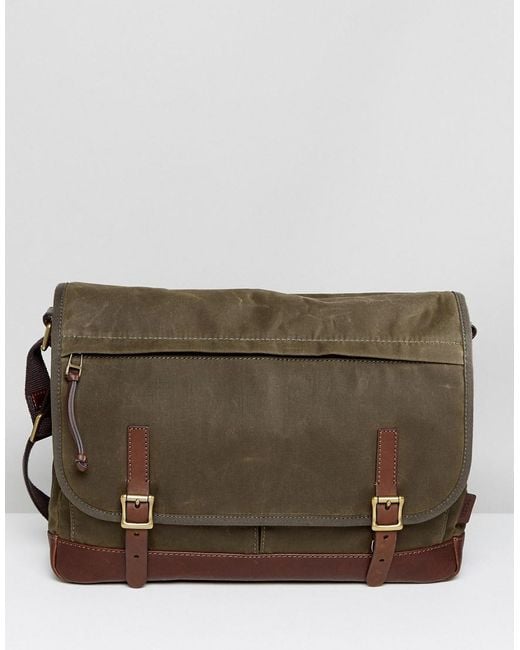 Fossil Green Defender Messenger Bag In Waxed Canvas for men