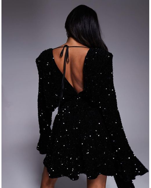 ASOS Black Sequin Velvet Drape Front Mini Dress With exaggerated Shoulders