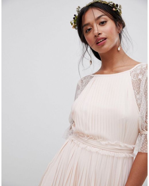 tfnc petite pleated maxi bridesmaid dress with spot mesh frill detail