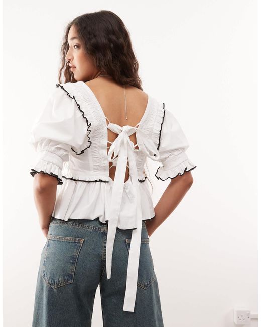 Collusion White Extreme Ruched Puff Sleeve Blouse With Contrast Ties