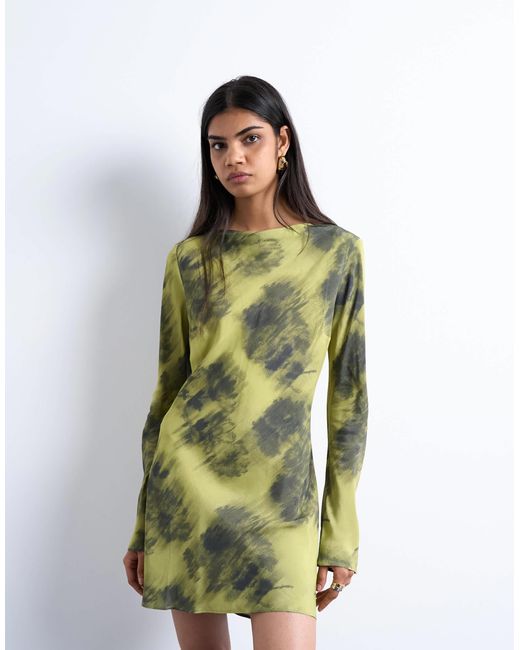 TOPSHOP Slash Neck Mini Dress in Green | Lyst