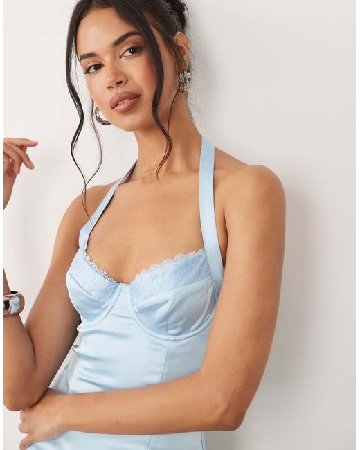 Oh Polly Blue Satin Lace Trim Halter Neck Fishtail Maxi Dress