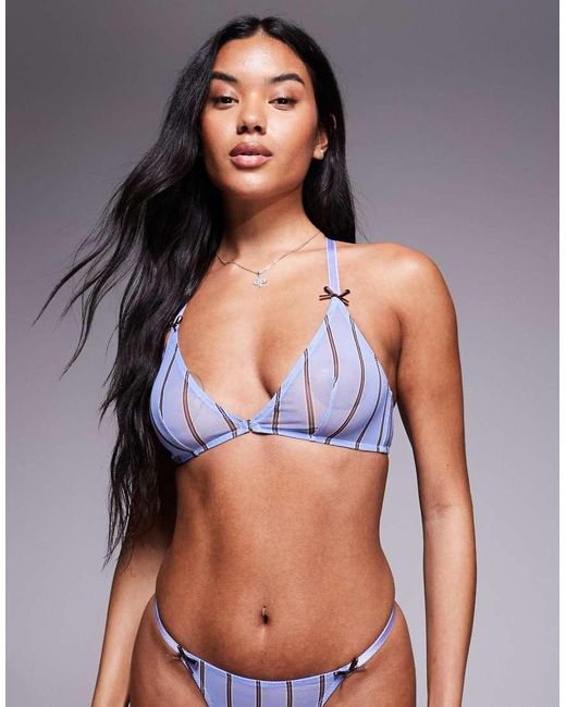 ASOS Blue Esme Mesh Stripe Front Fastening Triangle Bra
