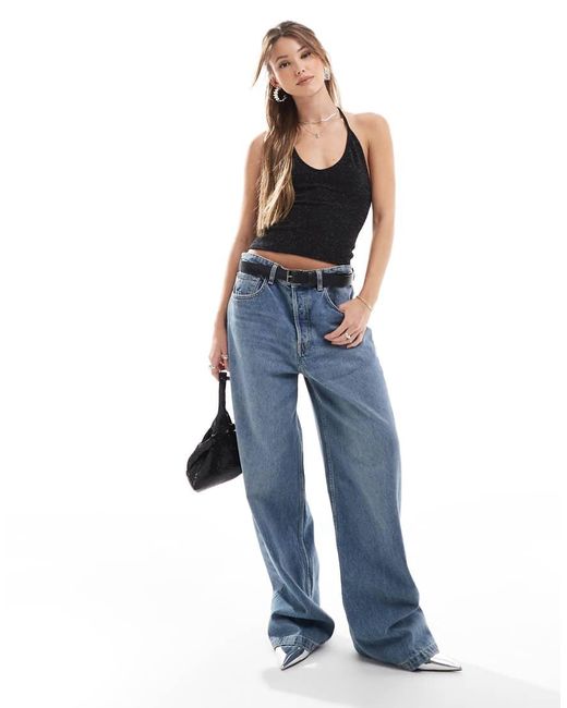 Pull&Bear Top Met Halternek En Glitter in het Blue