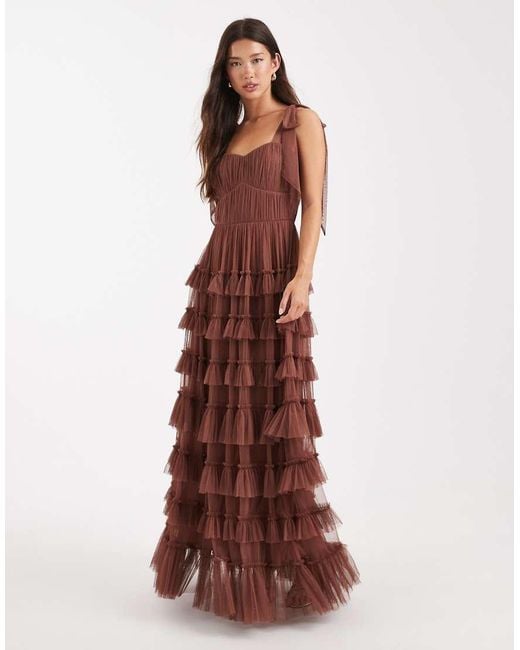 LACE & BEADS Brown Bridesmaid Bow Shoulders Tulle Maxi Dress