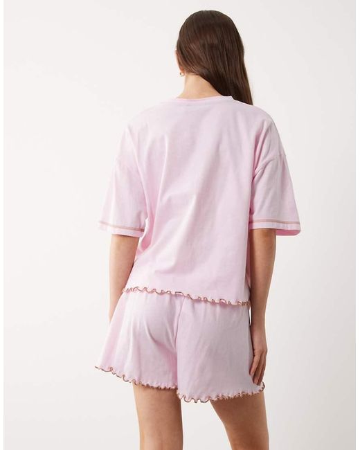 ASOS Pink Embroidered Siesta Slogan Short Sleeve Tee And Shorts Pyjama Set With Lettuce Edge