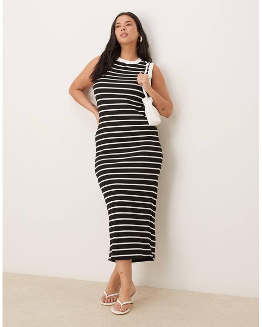 ASOS Black Asos design curve – geripptes, hochgeschlossenes midi-tanktop-kleid im 90er-stil mit streifen