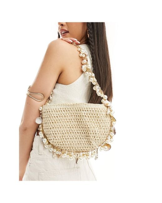 South Beach Natural Crochet Shoulder Bag With Pearl And Shell Embellishment