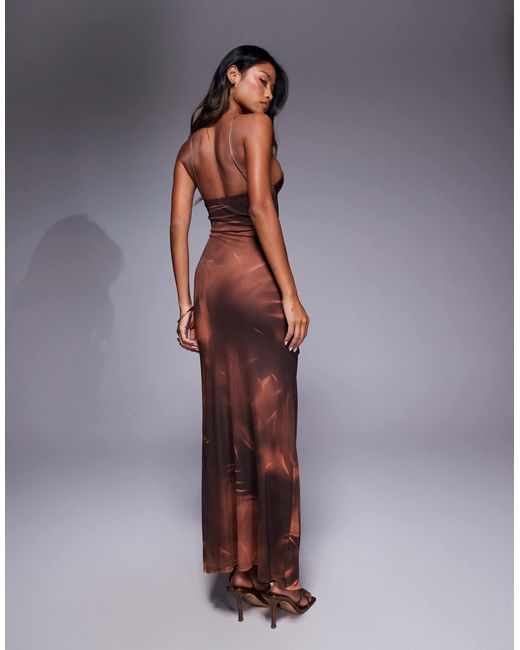 ASOS Purple Thin Halter Strap Mesh Maxi Dress With Ruching Detail