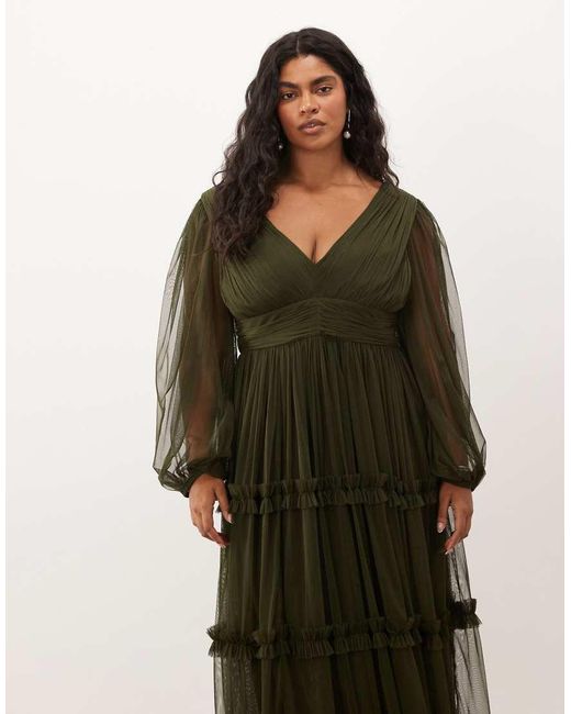 Lace & Beads Plus Green Tulle Sheer Balloon Sleeve Plunge Neck Tiered Maxi Dress