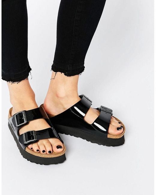 Birkenstock Arizona Platform Patent Black Slider Flat Sandals
