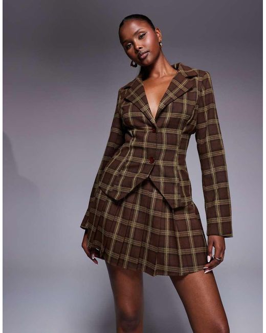 Kaiia Brown Exclusive 90s Heritage Check Pleated Mini Skirt Co-ord