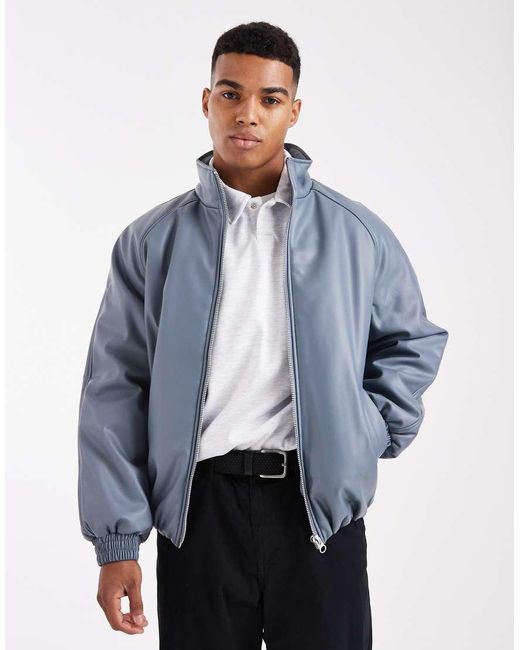 Chaqueta Bomber Azul Con Cuello Alzado De Cuero Sintético De -Gris ASOS de hombre de color Blue