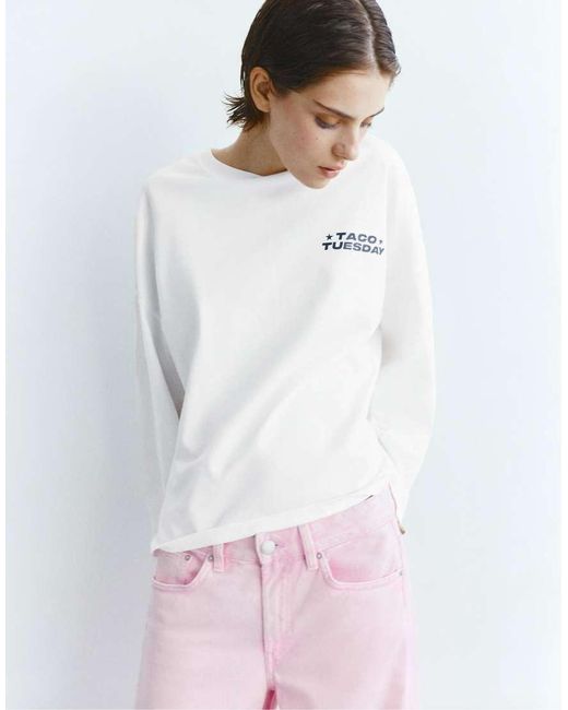 Pull&Bear White Long Sleeve Slogan T-Shirt