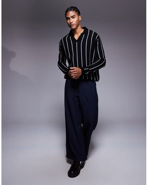 ASOS Blue Relaxed Knitted Stripe Notch Neck Polo for men