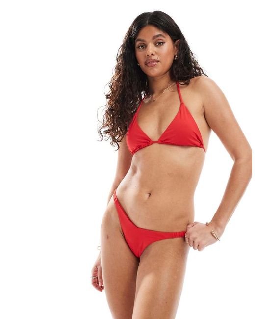 Pull&Bear Red High Leg Thong Bikini Bottom