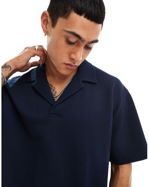 ASOS Blue Oversized Textured Revere Collar Polo Shirt for men