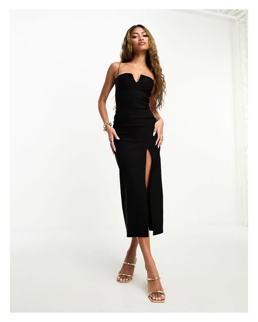 Vesper Notch Detail Cami Strap Thigh Split Midi Dress in Black | Lyst Canada