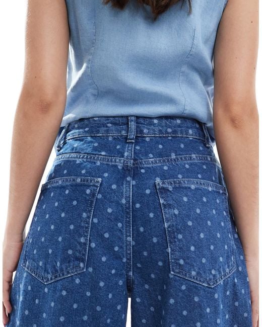 ASOS Blue Button Fly Barrel Jean With Polka Dot Print